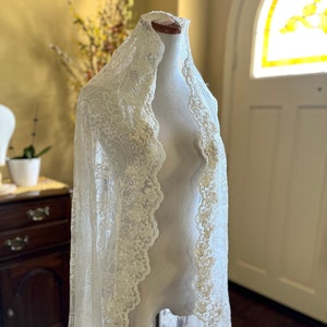 Embroidered Lace Mantilla Fingertip Wedding Veil 42 Inches, Romantic Bridal Veil, Pale Ivory Veil Rose Veil Soft Lace with Gold Comb, 1 Tier image 1