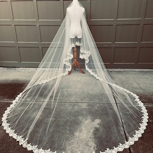 Royal Length Extra Long Drop Lace Wedding Veil with Blusher 120&quot;, Mantilla Cascade Lace Veil 2 Layer Veil White Light Ivory Bridal Veil