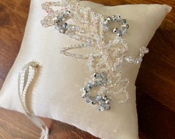 Ivory Silk Ring Bearer Pillow with Swarovski Crystal Beaded Art Deco Embroidery, Wedding Cushion