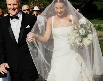 Light Ivory Silk Tulle Drop Wedding Veil Cathedral Length with Extra Long Blusher Layer