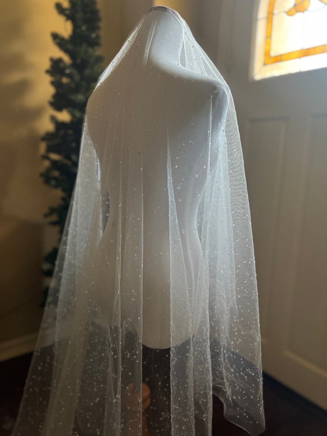 Clear Dew Drop Cascade Bridal Veil, Sofia Richie Beaded Chapel Length Ivory Wedding Veil