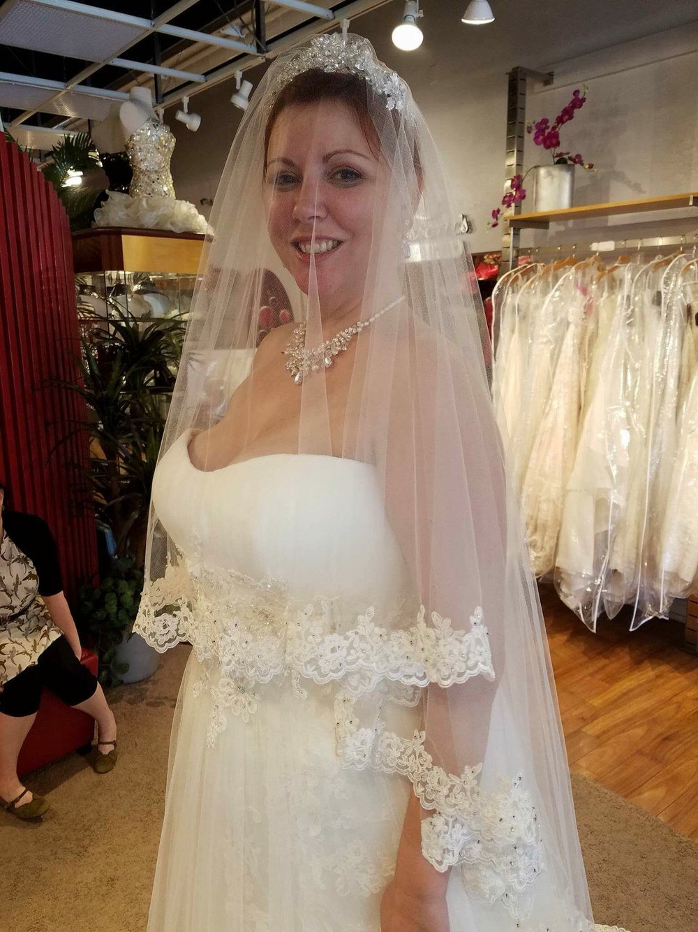 One Blushing Bride Fingertip Length Mantilla Wedding Veil with Beaded Lace Trim White / Fingertip 35-38 inch / No Beading