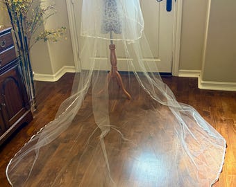 Two Layer Satin Ribbon Edged Royal Wedding Veil with Blusher, 120''Bridal Veil with Metal Comb