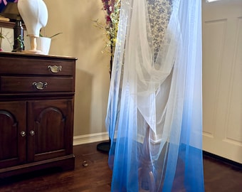 Neon Electric Blue Ombré Dyed Wedding Cape Veil, Draped Veil, Floor Length Bridal Cape Chapel Length Long Veil Soft Cover-up Scarf