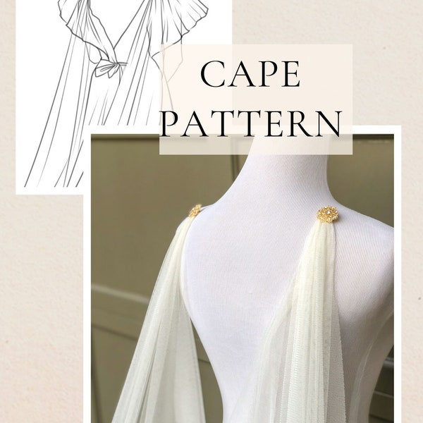 Modèle pour voile de cape de mariage drapé au dos, tutoriel de cape de costume de bricolage pour robe à dos bas, cape cathédrale longue, cape d'épaule sans couture, concours de beauté