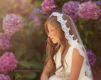 Pure White First Communion Lace Mantilla Veil: Alencon Trim with Cording for Catholic Ceremony
