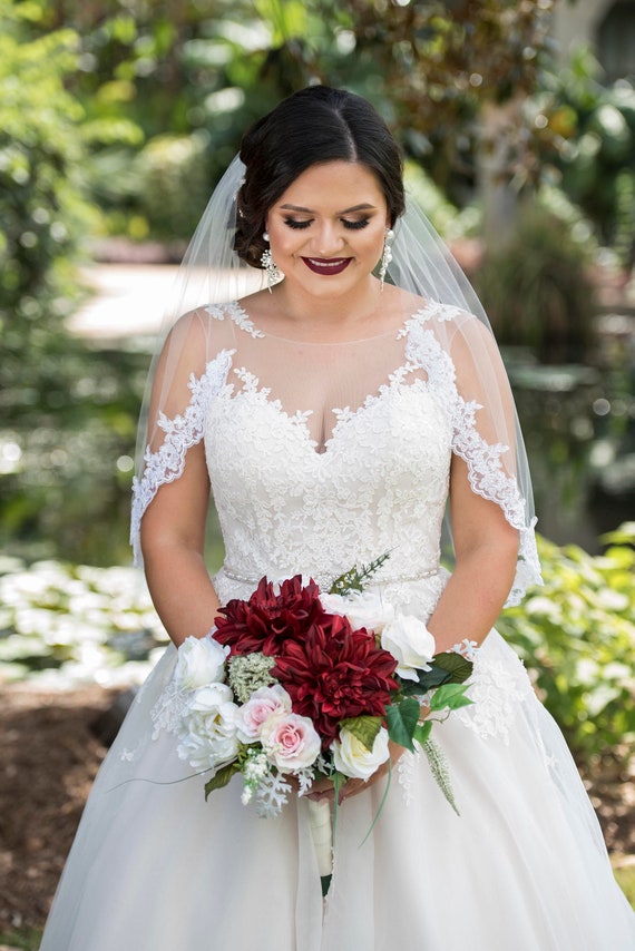 Mariell Stunning Ivory Waltz Length Cut Edge Bridal Veil with Floral Lace  Appliques 4680V-I-60 - 60 Inches Long