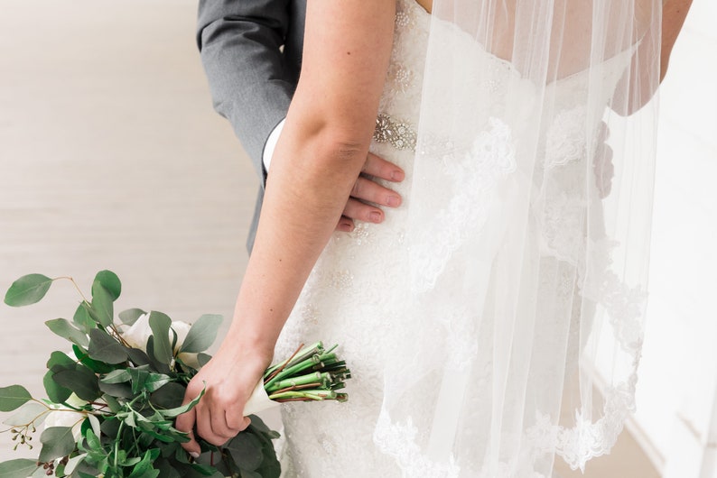 1 Layer Light Ivory Lace Fingertip Wedding Veil 40 inch Beaded Alencon Lace Bridal Veil with Pearls Crystals Short Veil for Outside Wedding image 6