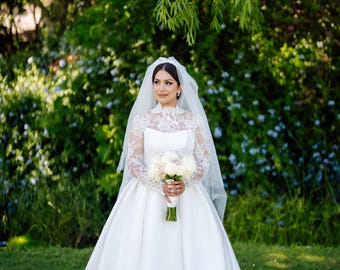 Puffy Paige Paul Inspired Wedding Veil with Blusher, Extra Long Royal Length Bridal Veil
