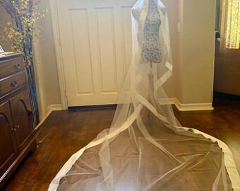 Cascade Mantilla Wedding Veil with Extra Wide 2.5'' Silk Satin Ribbon Edge,  One Layer Ivory Veil with Metal Comb