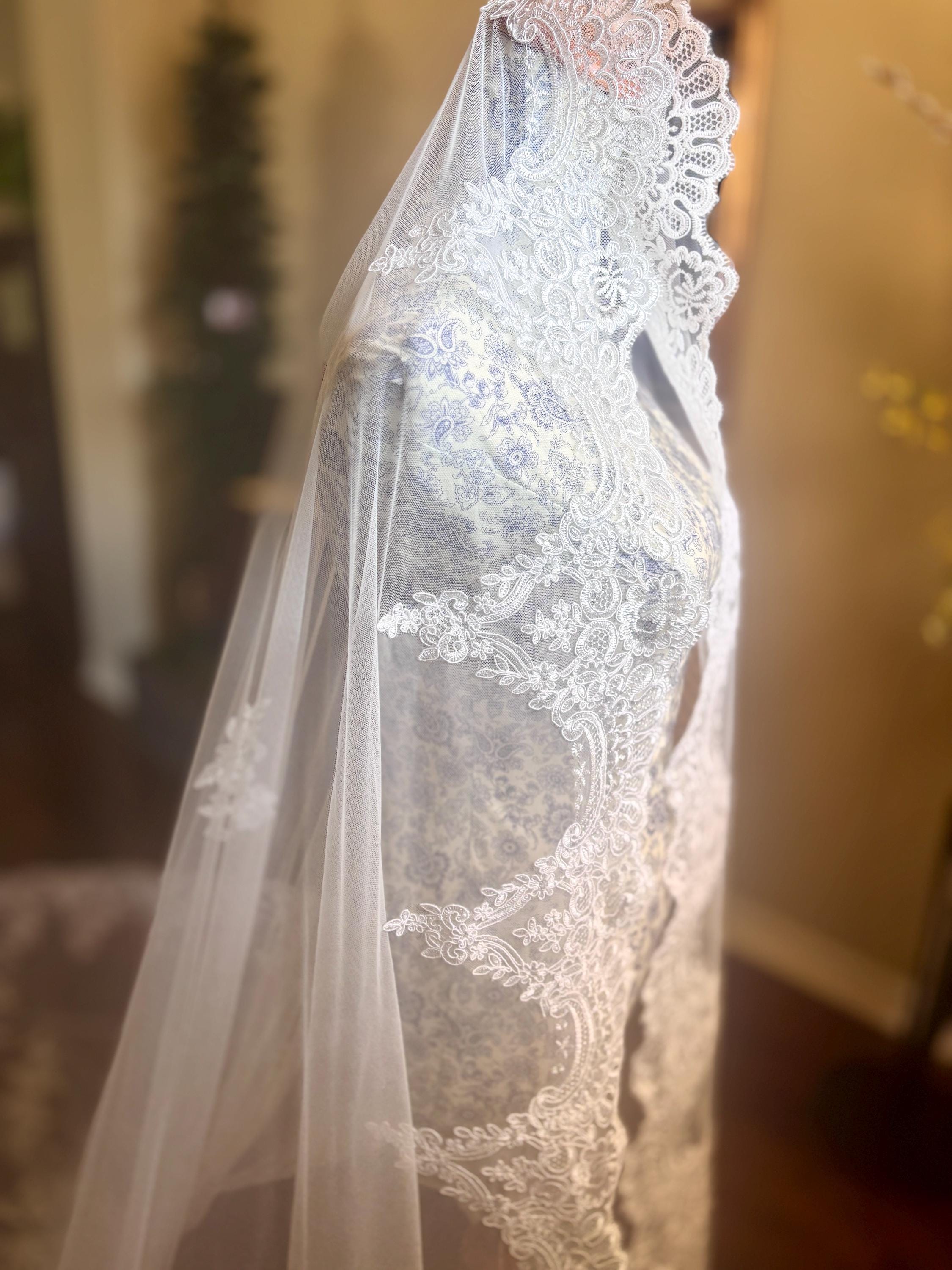 Virgin Mary Extra Long Cathedral Wedding Veil, Kim Kardashian Style Embroidered Bridal Veil in Light Ivory Royal Length with Comb