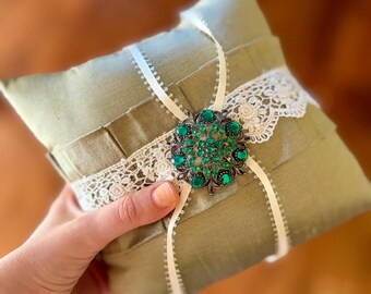 Luck of the Irish Ring Bearer Pillow – Emerald Green Silk Dupioni Wedding Ring Pillow – Vintage Lace Ring Pillow – Irish Wedding Accessory –