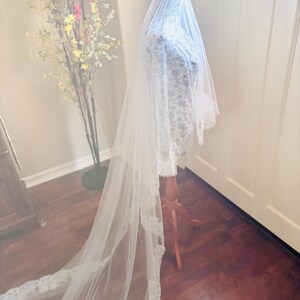 88 Inch Lace Chapel Chantilly Edge Veil with Blusher and Comb,  Drop Style in off white
