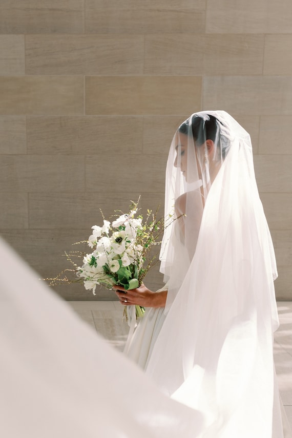 Cathedral Veil with 1/8 Satin Ribbon Trim |  White / 108 Inches