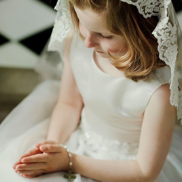 First Communion Lace Mantilla Veil: Alencon Lace, Catholic Girl