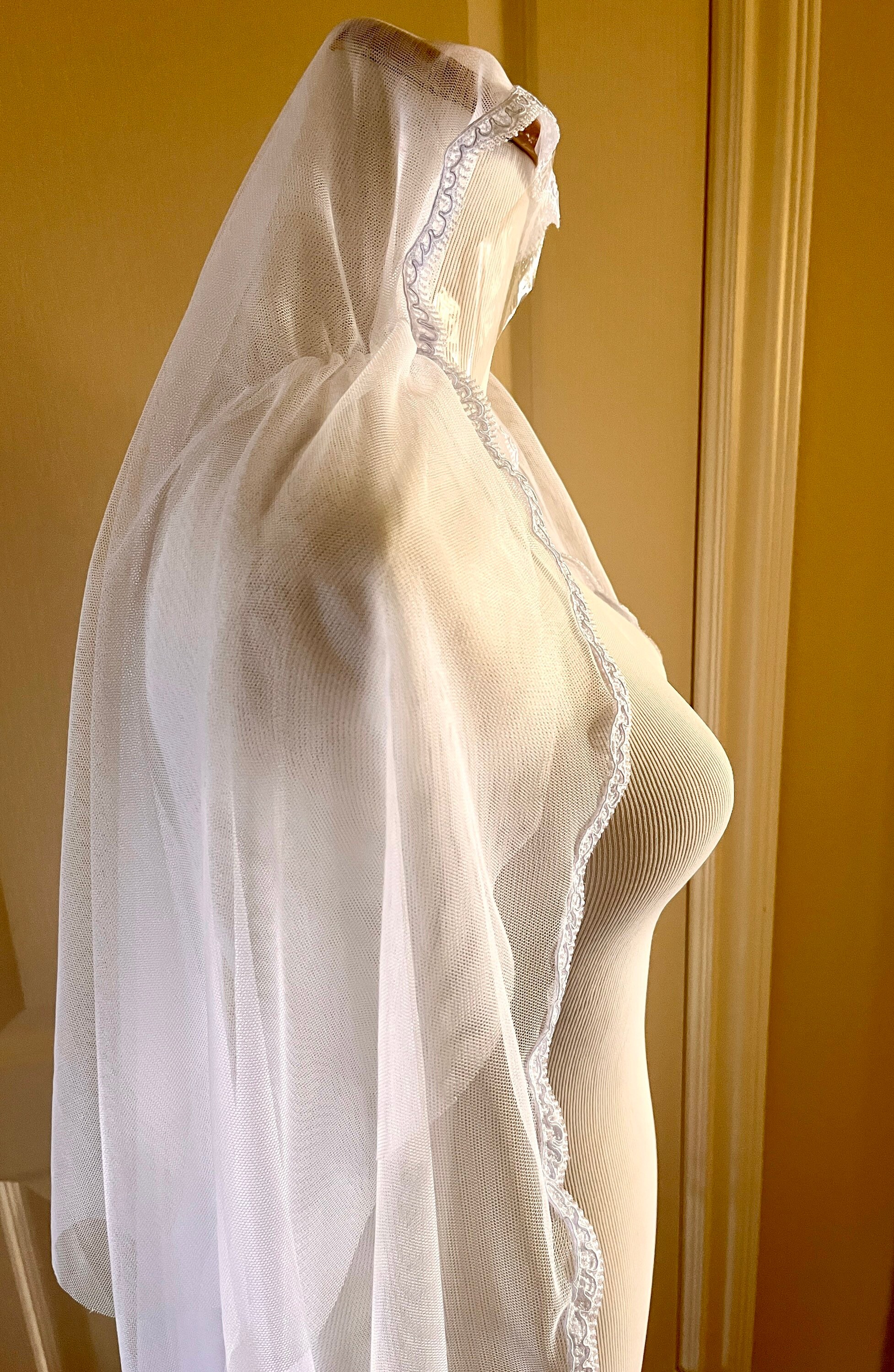 2 Tier White Juliet Cap Wedding Veil, English Net Thin Scallop
