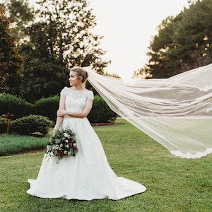 Long Cathedral Veil with Lace Edge Beaded French Alencon Lace Wedding Veil Ivory Veil Chapel Veil 1 Layer Veil Eyelash Lace Trim Bridal Veil image 7