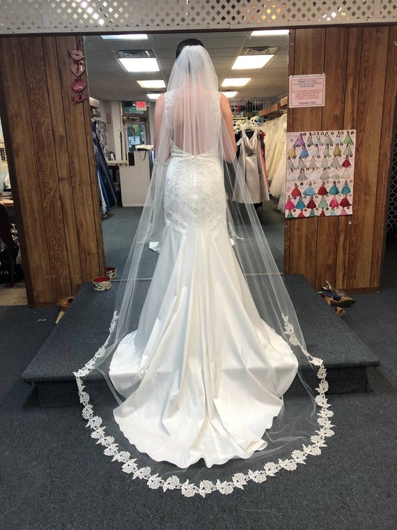 One Blushing Bride Cathedral Veil with Floral French Lace Trim, White/ Ivory White / Chapel 90 Inches / Lace on Bottom of Veil