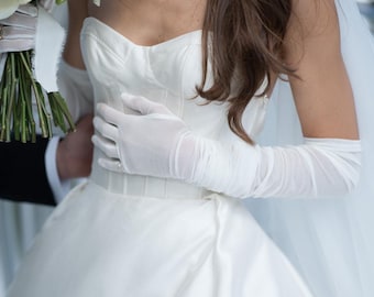 Off White Long Bridal Reception Wedding Gloves with Rusching, English Net Sleeves with Fingers