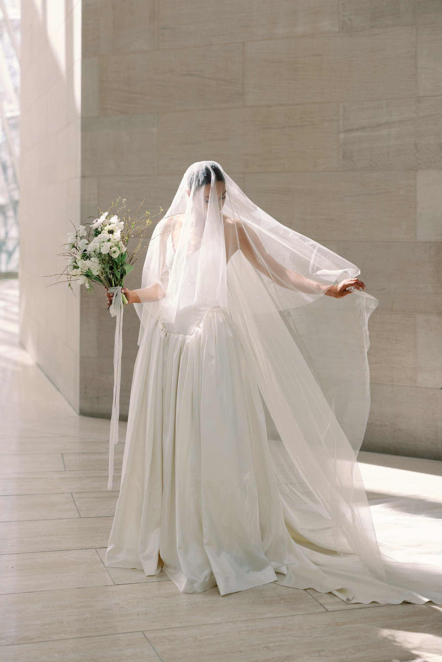 diamond white veil with ivory dress Italian Silk Drop Wedding Veil, Cathedral 108 inches Long 120 inches Wide Cascade Veil Blusher Fine Art Bridal Veil SID-STD14449C