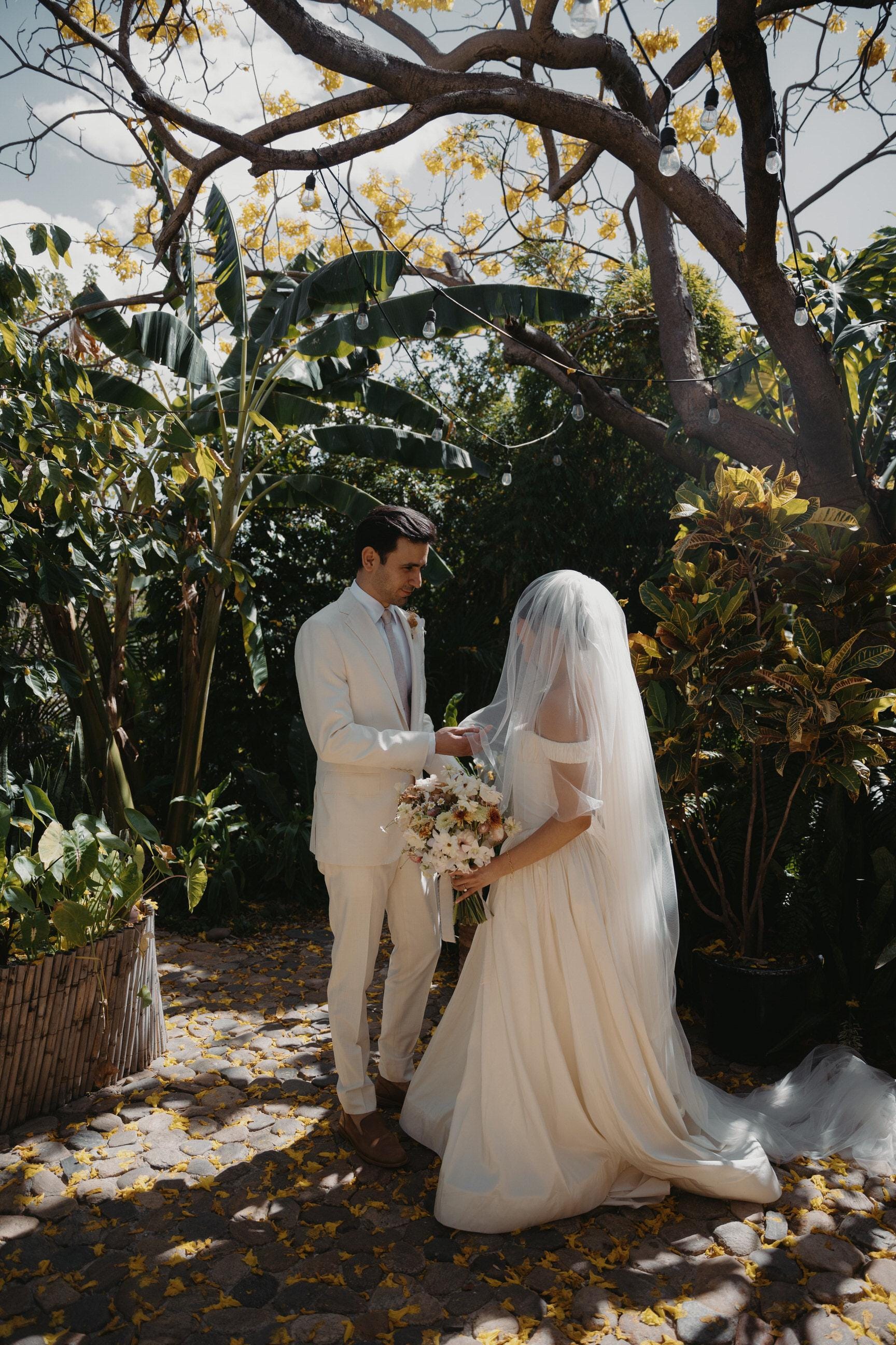 Layered Cream Silk Wedding Veil With Blusher, Extra Full 