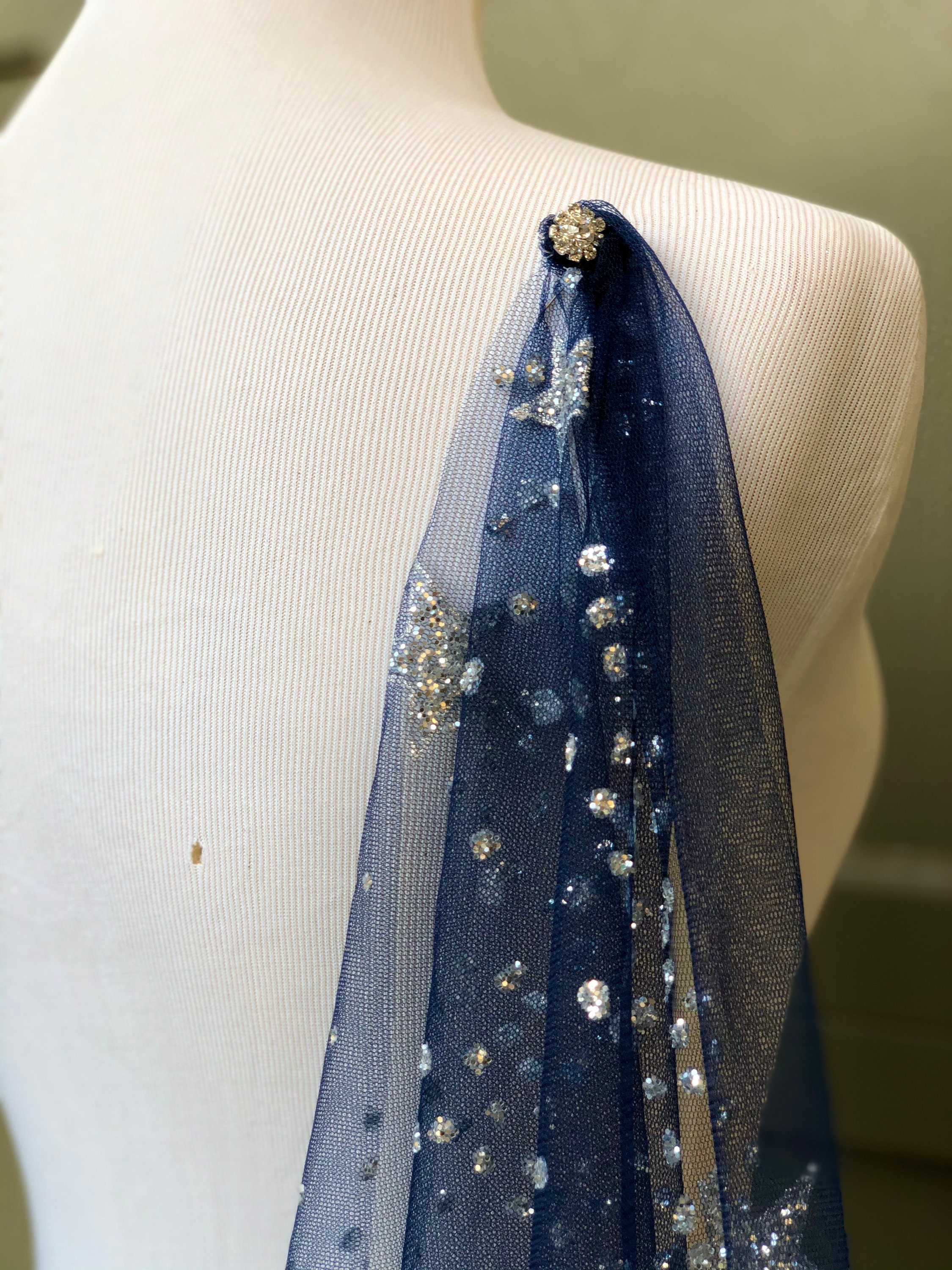 Shoulder Length Navy Veil with Antique Gems Navy Blue Chapel Veil - Etsy main image 3