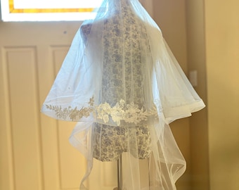 Pearl Horsehair Fingertip Wedding Veil with Blusher in Ivory with Lace Applique, 2 Layer Bridal Veil 39 Inches