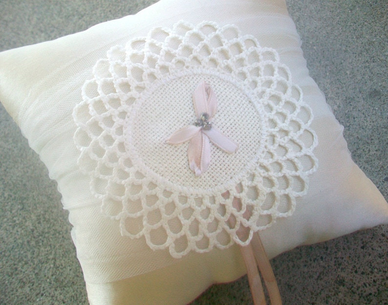 Ivory Estonian Embroidered Lace Ring Bearer Pillow with Champagne Ribbon Wedding Ring Pillow Rustic Wedding Accessories Beaded Bridal Gift