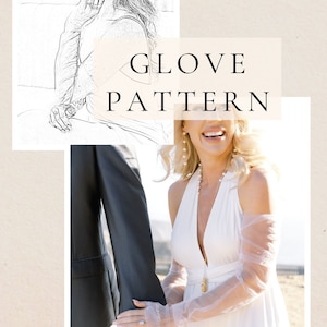 Puede incluir: Una novia con un vestido de novia blanco con una superposición de tul transparente en las mangas. La novia está tomada de la mano del novio, que lleva un traje oscuro. El texto "GLOVE PATTERN" está superpuesto a la imagen.