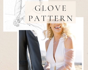 May include: A bride wearing a white wedding dress with a sheer tulle overlay on the sleeves. The bride is holding hands with the groom, who is wearing a dark suit. The text "GLOVE PATTERN" is superimposed on the image.