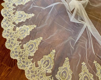 Sparkly Gold Fingertip Length Embroidered  Mantilla Wedding Veil with Comb