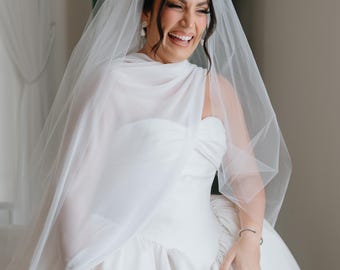 Puffy Veil 2 Layer Cathedral Length Veil with Blusher Cut Edge Cinderella Princess Veil, Optional Matching Scarf