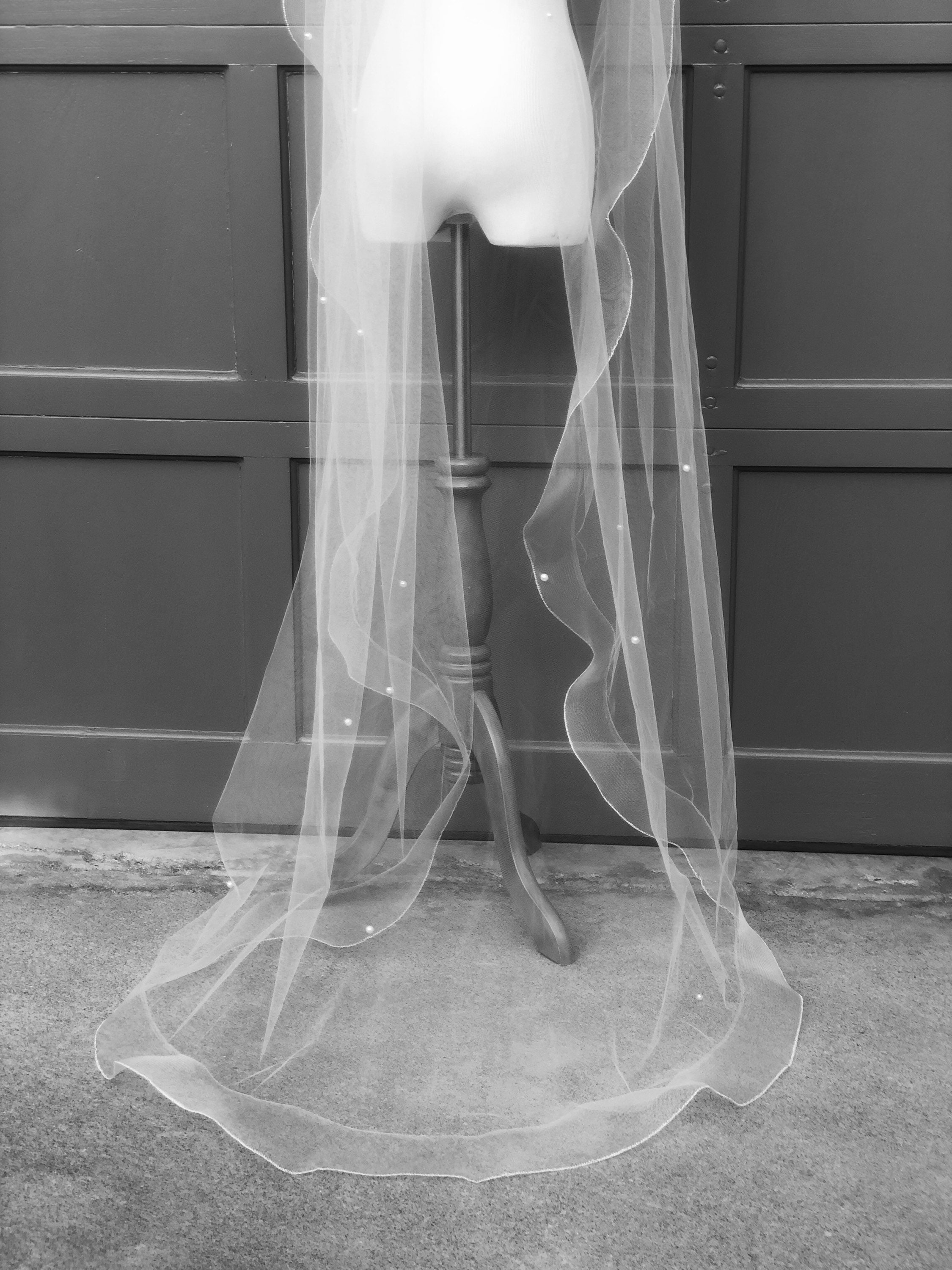 One Blushing Bride Drop Cathedral Wedding Veil with Horsehair Ribbon & Blusher Nude / Cathedral 108 inch