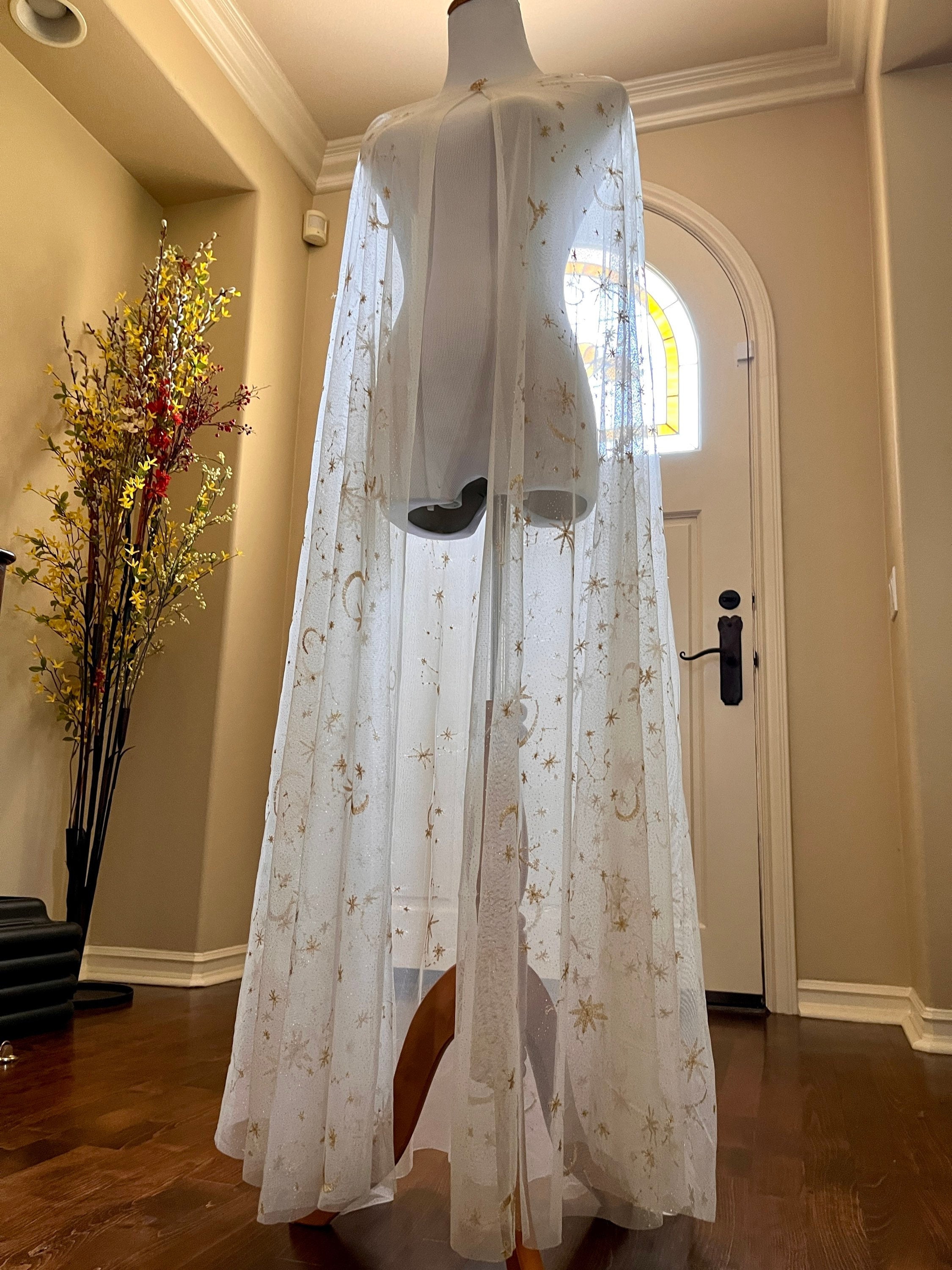 Gold Foil Star Floor Length Bridal Cape Veil with Moon Brooch Button, Cover Up Wrap, Wedding Topper, Shawl Separates 55'' Long Cloak Shrug