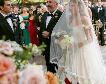 French Narrow Lace Cathedral Wedding Veil with Long Knee Length Blusher, Cascade Style with Vintage Scallop Eyelash Edge