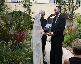 Long Light Ivory Mantilla Wedding Veil with Corded French Lace | Cathedral Length Bridal Veil