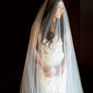 Light Ivory Sheer Drop Cascade Wedding Veil Cathedral Length with Long Knee Length Blusher