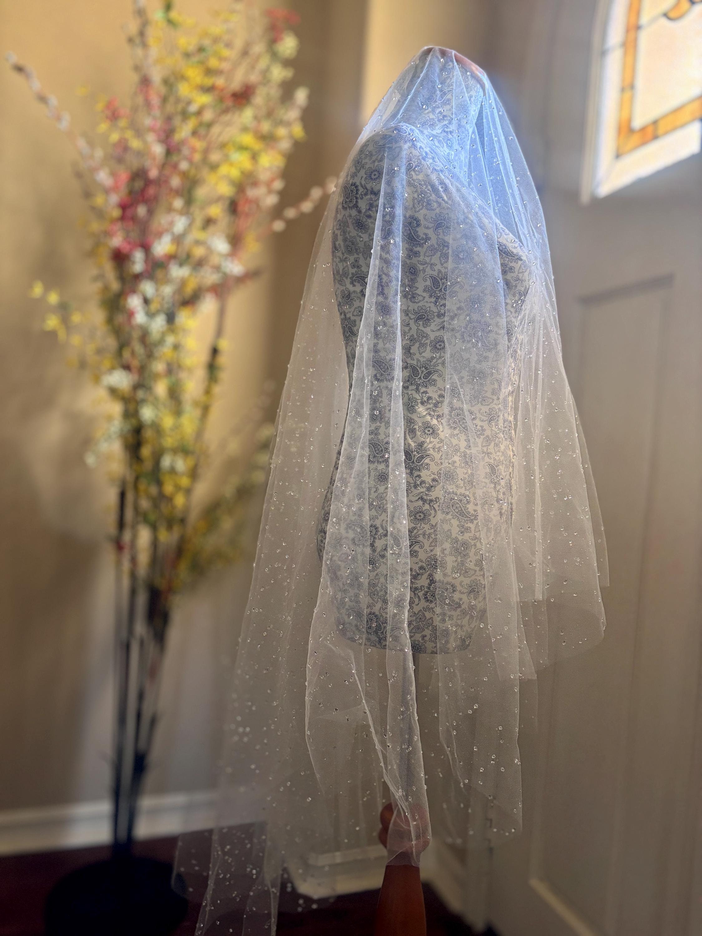 Light Ivory Dew Drop Wedding Veil, Two Layer Sofia Richie Clear Beaded Cascade Veil (Fingertip Length)