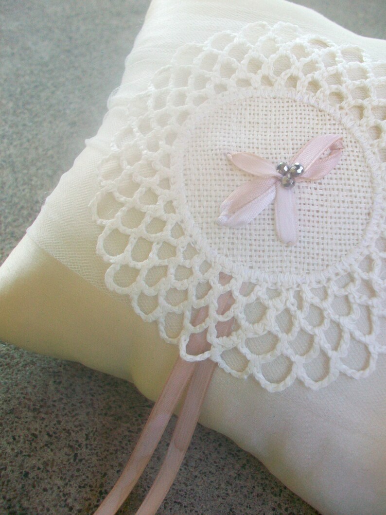 Ivory Estonian Embroidered Lace Ring Bearer Pillow with Champagne Ribbon Wedding Ring Pillow Rustic Wedding Accessories Beaded Bridal Gift