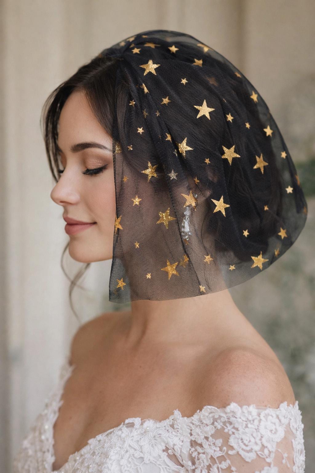 Black Gold Star Wedding Veil, Celestial Bridalwear, Chin Length, Alternative Bride