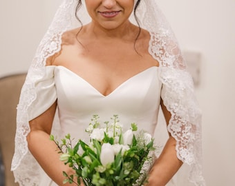 Light Ivory Soft Lace Mantilla Wedding Veil, Embroidered Alencon Lace Church Bridal Veil