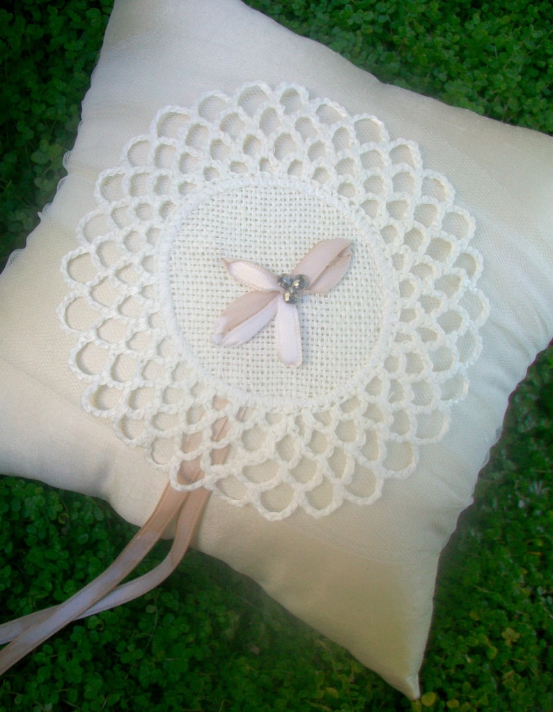 Ivory Estonian Embroidered Lace Ring Bearer Pillow with Champagne Ribbon Wedding Ring Pillow Rustic Wedding Accessories Beaded Bridal Gift