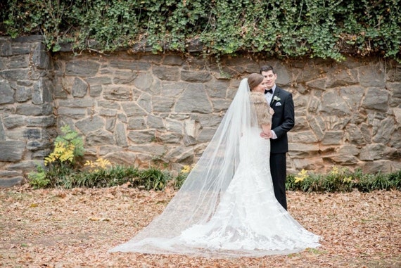 One Blushing Bride Chapel Length Wedding Veil, Simple Raw Edge Bridal Veil, White / Ivory Blush / Cathedral Length