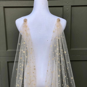 Gold Star Celestial Draped Wedding Cape Veil, Bridal Cape with Beaded Pins Chapel Length Long Veil Soft Cover-up Scarf Wrap, Starry Night