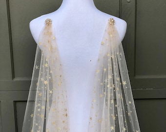 Gold Star Celestial Draped Wedding Cape Veil, Bridal Cape with Beaded Pins Chapel Length Long Veil Soft Cover-up Scarf Wrap, Starry Night