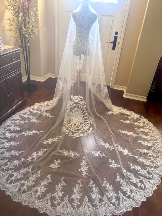 Virgin Mary Extra Long Cathedral Wedding Veil, Kim Kardashian Style  Embroidered Bridal Veil in Light Ivory Royal Length With Comb - Etsy New  Zealand
