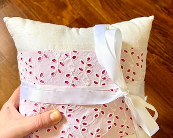 Heirloom Embroidered Eyelet Lace Ring Bearer Pillow, Pink and White Wedding Decor