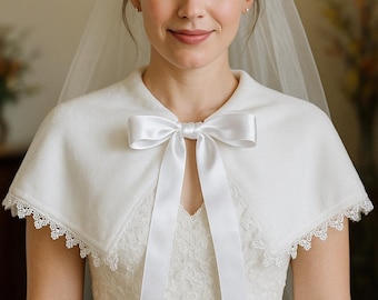 Short White Velvet + Satin Shawl, Winter Wedding Bridal Collar with Bow