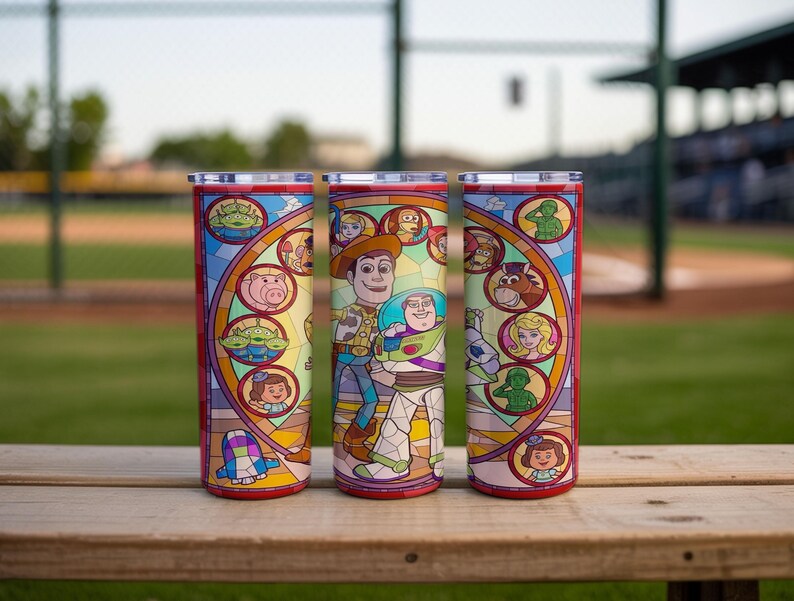 Puede incluir: Tres vasos aislados rojos y plateados con un dise&ntilde;o de vidriera que presenta personajes de la pel&iacute;cula animada Toy Story. Los vasos son cil&iacute;ndricos y est&aacute;n sobre una superficie de madera.