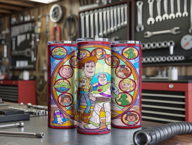 Puede incluir: Tres vasos de acero inoxidable con un dise&ntilde;o de vidriera de colores que presenta personajes de la pel&iacute;cula animada Toy Story. Los vasos son cil&iacute;ndricos y est&aacute;n sobre una superficie met&aacute;lica, con un fondo de taller.